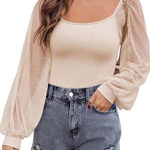Women Mesh Puff Long Sleeve Shirts Tops Scoop Neck